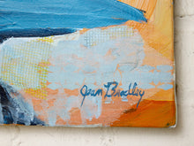 Load image into Gallery viewer, Close-up of an abstract canvas painting with textured brushstrokes in blue, orange, white, and yellow, signed 'Sean Bradley' in blue script.