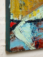 Load image into Gallery viewer, Image 5 of 8: Abstract canvas wall art with thick impasto brushstrokes in yellow, blue, red, black, and off-white, shown hanging against a white painted brick wall.