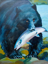 Load image into Gallery viewer, Image 2 of 8: A painted artwork of a large black bear holding a silver fish in its mouth, with blue water and yellow-green rocks in the background.