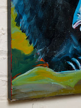 Load image into Gallery viewer, Image 5 of 8: A close-up of a colorful painting on canvas, showing a dark bird with blue, black, and yellow tones against a textured off-white wall.