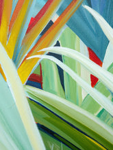 Load image into Gallery viewer, Image 3 of 8: Contemporary tropical botanical painting by Jean Bradley featuring overlapping fan-shaped palm leaves in pale blue, sage green, cream, and yellow with coral orange accents against a deep blue background.