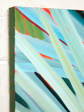 Load image into Gallery viewer, Image 4 of 8: Abstract canvas wall art featuring diagonal brushstrokes in pale aqua, mint green, light blue, and white, with accents of red, dark green, and black, shown against a white textured wall.