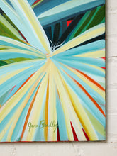 Load image into Gallery viewer, Image 7 of 8: An abstract radial painting on canvas featuring sweeping brushstrokes of light blue, pale yellow, green, orange, and dark navy, signed Jean Bradley, displayed against a white brick wall.