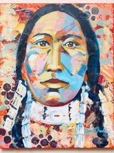 Load image into Gallery viewer, Image 2 of 8: An expressive, textured portrait painting of a Native American figure with blue, beige, black, white, and orange brushstrokes, shown as a square canvas print.