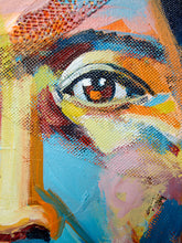 Load image into Gallery viewer, Image 3 of 8: Close-up of a colorful abstract painting of a human face, focusing on one eye with expressive brushstrokes in blue, yellow, orange, pink, red, and cream.
