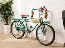 Load image into Gallery viewer, Image 2 of 28: Original 1951 Columbia Five Star Superb green and cream balloon-tire cruiser bicycle with springer fork, tank, fenders, rear rack and brown saddle.