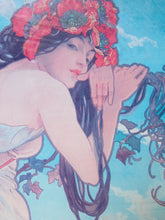 Load image into Gallery viewer, Image 3 of 8: Vintage-style art print illustration of a woman with long dark hair, a red floral crown, and ivy vines against a light blue sky background.