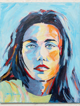 Load image into Gallery viewer, Image 2 of 8: Contemporary portrait painting by Jean Bradley featuring a dark-haired woman with blue eyes, expressive yellow, orange, and turquoise brushstrokes, and a soft blue background.