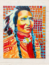Load image into Gallery viewer, Image 1 of 8: Contemporary portrait painting by Jean Bradley depicting a man with long dark braids, feathered headdress, and colorful clothing against a geometric orange, red, and turquoise background.