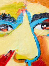 Load image into Gallery viewer, Image 3 of 8: Abstract close-up painting of a face with expressive eyes, a large central yellow nose shape, blue contour lines, and red and orange brushstrokes.