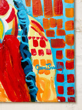 Load image into Gallery viewer, Image 7 of 8: Abstract canvas painting featuring bold brushstrokes in red, orange, yellow, and blue, with a visible 'Sean Bradley' signature on the lower right, displayed against a white brick wall.