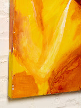 Load image into Gallery viewer, Image 5 of 8: Close-up of an abstract painting on canvas, showing bold brushstrokes in yellow, orange, and white, mounted on a white textured wall.
