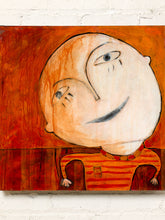 Load image into Gallery viewer, Image 2 of 8: A square abstract painting of a stylized face and upper body in warm orange, red, cream, and brown tones, displayed against a white painted brick wall.