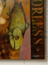 Load image into Gallery viewer, Image 7 of 9: A close-up of a vintage-style illustrated book cover or poster featuring a large green fish, vertical text reading 'ORLES', and a small 'BEATRACH' signature near the bottom, photographed against a light textured wall.