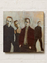 Load image into Gallery viewer, Image 1 of 9: Les Monocles artwork by Robert Bradshaw depicting four stylized figures wearing monocles, or single-lens eyeglasses, in muted cream, burgundy, charcoal, and earthy tones.