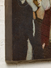 Load image into Gallery viewer, Image 5 of 9: A close-up of a textured canvas painting showing part of a figure in a dark coat and another figure with pale skin and white hair, mounted on a white brick wall.