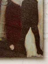 Load image into Gallery viewer, Image 7 of 9: A close-up of a textured canvas painting showing the lower half of a person in a dark red top and black skirt or dress, with a cream background, mounted on a white brick wall.