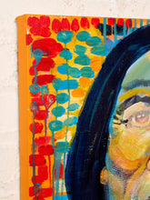 Load image into Gallery viewer, Image 4 of 8: A close-up of a colorful abstract canvas painting featuring a stylized face with dark blue hair, yellow skin tones, and vertical brushstrokes in red, teal, and orange against a white wall.