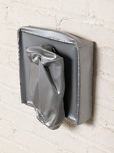 Load image into Gallery viewer, Image 5 of 13: Vintage abstract wall sculpture featuring a crumpled silver-tone metallic form with deep folds and sculptural creases, mounted on a square silver backing with raised decorative edges.