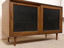 Load image into Gallery viewer, Image 17 of 24: Vintage Wood Credenza with Black Textured Sliding Doors