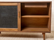 Load image into Gallery viewer, Image 20 of 24: Vintage Wood Credenza with Black Textured Sliding Doors
