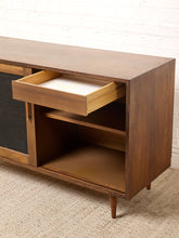 Load image into Gallery viewer, Image 21 of 24: Vintage Wood Credenza with Black Textured Sliding Doors