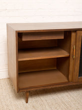 Load image into Gallery viewer, Image 22 of 24: Vintage Wood Credenza with Black Textured Sliding Doors
