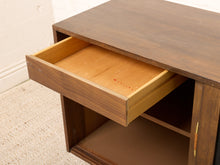 Load image into Gallery viewer, Image 23 of 24: Vintage Wood Credenza with Black Textured Sliding Doors