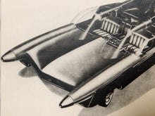 Load image into Gallery viewer, Image 3 of 8: A black and white vintage illustration of a futuristic convertible car with a large curved windshield, pointed fins, and an open cockpit, shown on a light background.