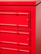 Load image into Gallery viewer, Image 15 of 21: Pair of Vintage 1960s Poppy Red Hollywood Regency Faux Bamboo Nightstands