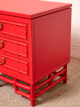 Load image into Gallery viewer, Image 16 of 21: Pair of Vintage 1960s Poppy Red Hollywood Regency Faux Bamboo Nightstands