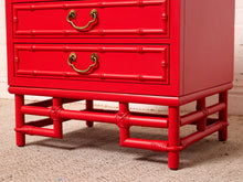 Load image into Gallery viewer, Image 17 of 21: Pair of Vintage 1960s Poppy Red Hollywood Regency Faux Bamboo Nightstands
