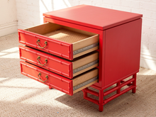 Load image into Gallery viewer, Image 19 of 21: Pair of Vintage 1960s Poppy Red Hollywood Regency Faux Bamboo Nightstands