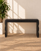 Load image into Gallery viewer, Sydney charcoal acacia wood desk with one center drawer, sculptural curved waterfall sides, and a streamlined rectangular top.