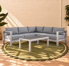 Load image into Gallery viewer, Sylvie L-shaped outdoor sectional sofa in Silver Mist with gray cushions and brushed aluminum frame