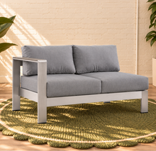 Load image into Gallery viewer, Sylvie L-shaped outdoor sectional sofa in Silver Mist with gray cushions and brushed aluminum frame