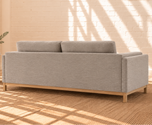 Load image into Gallery viewer, Talia stone gray mélange chenille sofa with deep cushions, layered upholstered arms, and natural wood base