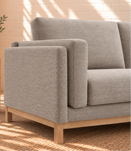 Load image into Gallery viewer, Talia stone gray mélange chenille sofa with deep cushions, layered upholstered arms, and natural wood base