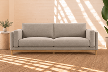 Load image into Gallery viewer, Talia stone gray mélange chenille sofa with deep cushions, layered upholstered arms, and natural wood base
