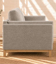 Load image into Gallery viewer, Talia stone gray mélange chenille sofa with deep cushions, layered upholstered arms, and natural wood base