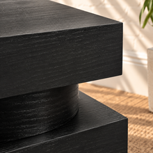 Load image into Gallery viewer, Tatum charcoal wood side table with stacked square platforms and rounded cylindrical center sections