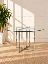 Load image into Gallery viewer, Image 1 of 4: Tavi 48-inch round dining table with clear tempered glass top and geometric Chrome metal base