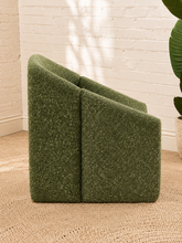 Load image into Gallery viewer, Image 5 of 15: Tessa sculptural accent chair in Vintage Olive textured weave with curved arm, open backrest, and low profile