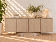 Load image into Gallery viewer, Image 2 of 5: Thera 4-Door Buffet Credenza in Blonde Oak with sculptural curved base and Art Deco detailing