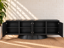 Load image into Gallery viewer, Thera 4-Door Buffet Credenza in Charcoal with sculptural curved base and Art Deco detailing