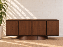Load image into Gallery viewer, Thera 4-Door Buffet Credenza in Warm Walnut with sculptural curved base and Art Deco detailing