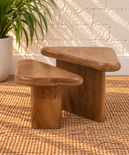 Load image into Gallery viewer, Thomy two-piece natural brown mango wood coffee table with overlapping organic tops, rounded edges, and sculptural panel bases.