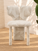 Load image into Gallery viewer, Vada cream beige patterned dining chair with sculptural split back, rounded upholstered seat, and fully upholstered legs.