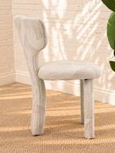 Load image into Gallery viewer, Vada cream beige patterned dining chair with sculptural split back, rounded upholstered seat, and fully upholstered legs.