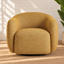 Load image into Gallery viewer, Valencia textured yellow swivel lounge chair with curved wraparound arms, rounded back, and nubby woven upholstery